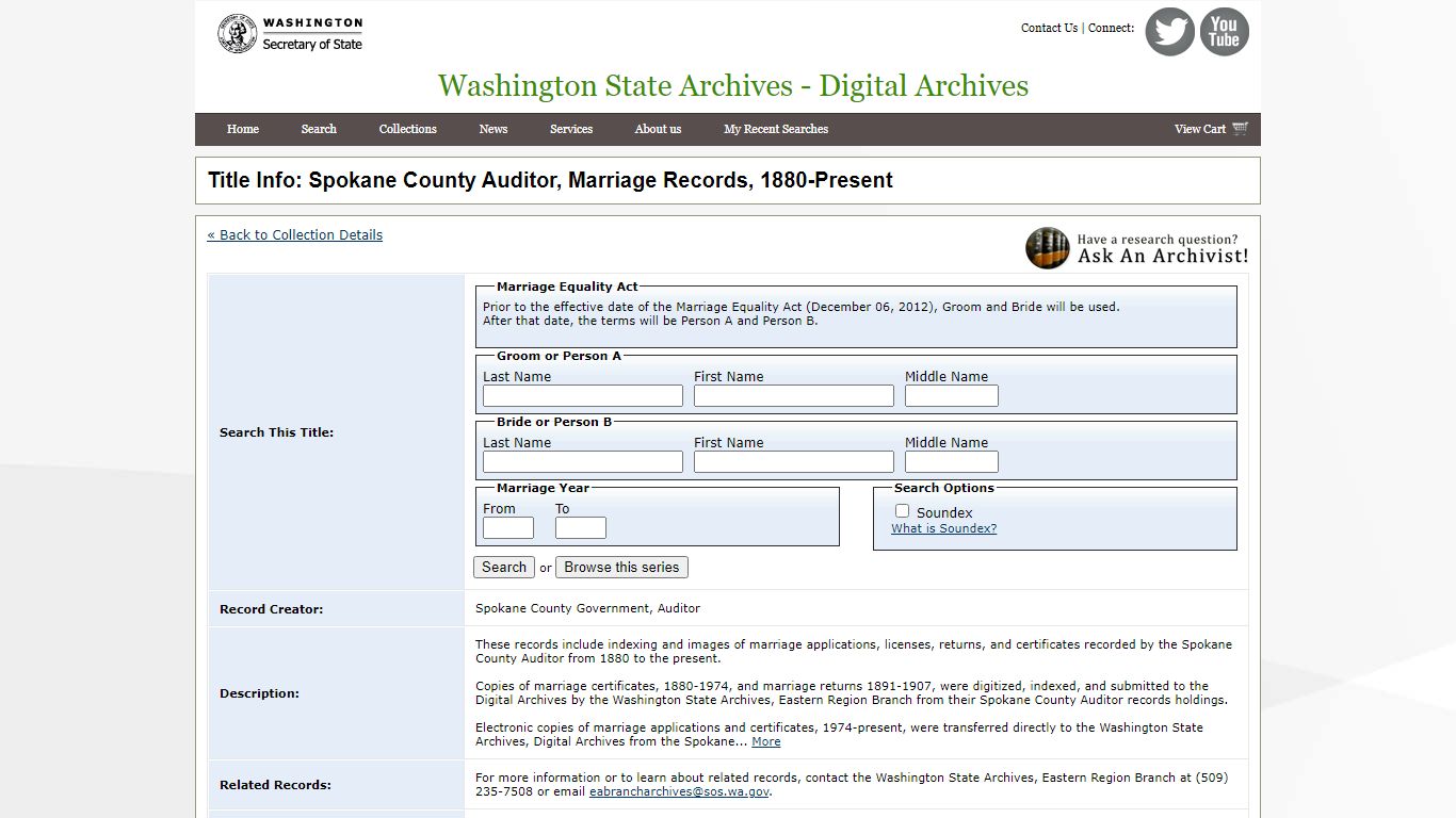 Title Info: Spokane County Auditor, Marriage Records, 1880 ...